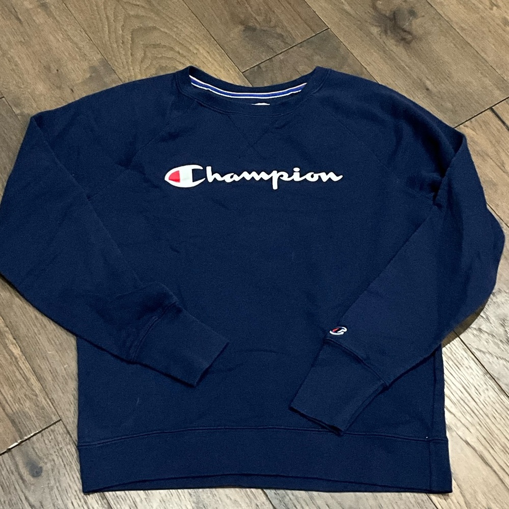 Champion Navy Crewneck Sweatshirt with White Script Logo